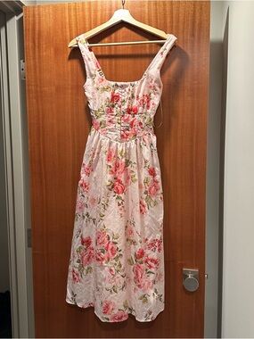 Jessica Simpson Pink Floral Pocketed Midi Dress with Corset Bodice